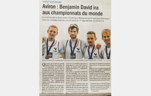 Benjamin représentera la France au Championnat du Monde du 25 aout au 1er sept